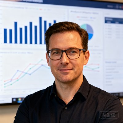 James Wilson 产品总监，戴眼镜，背景是数据看板